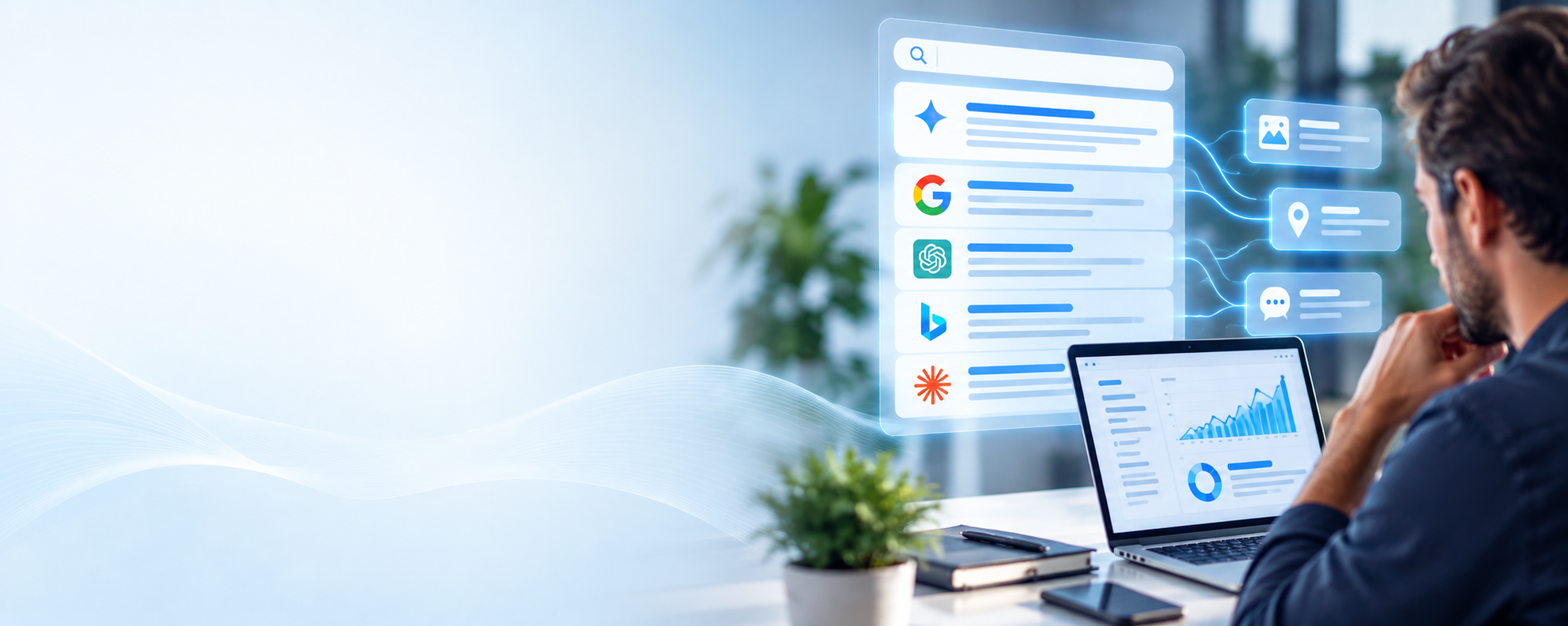 Illustration of AI search results and connected business information beside a laptop