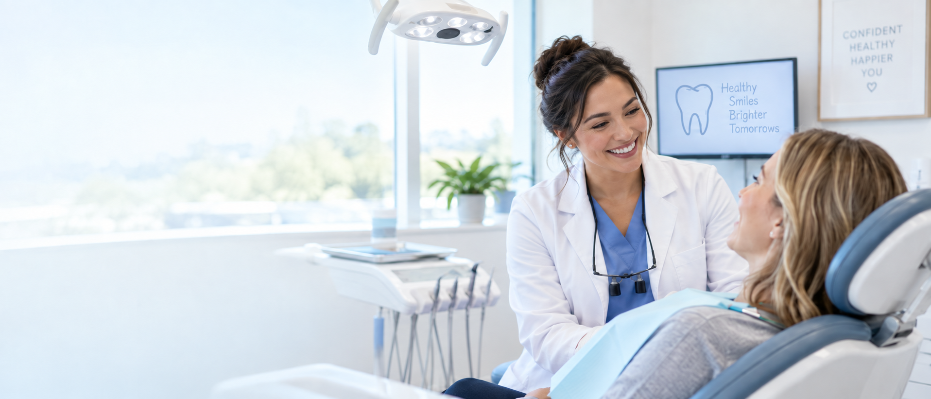Dentist speaking with a patient in a bright dental office