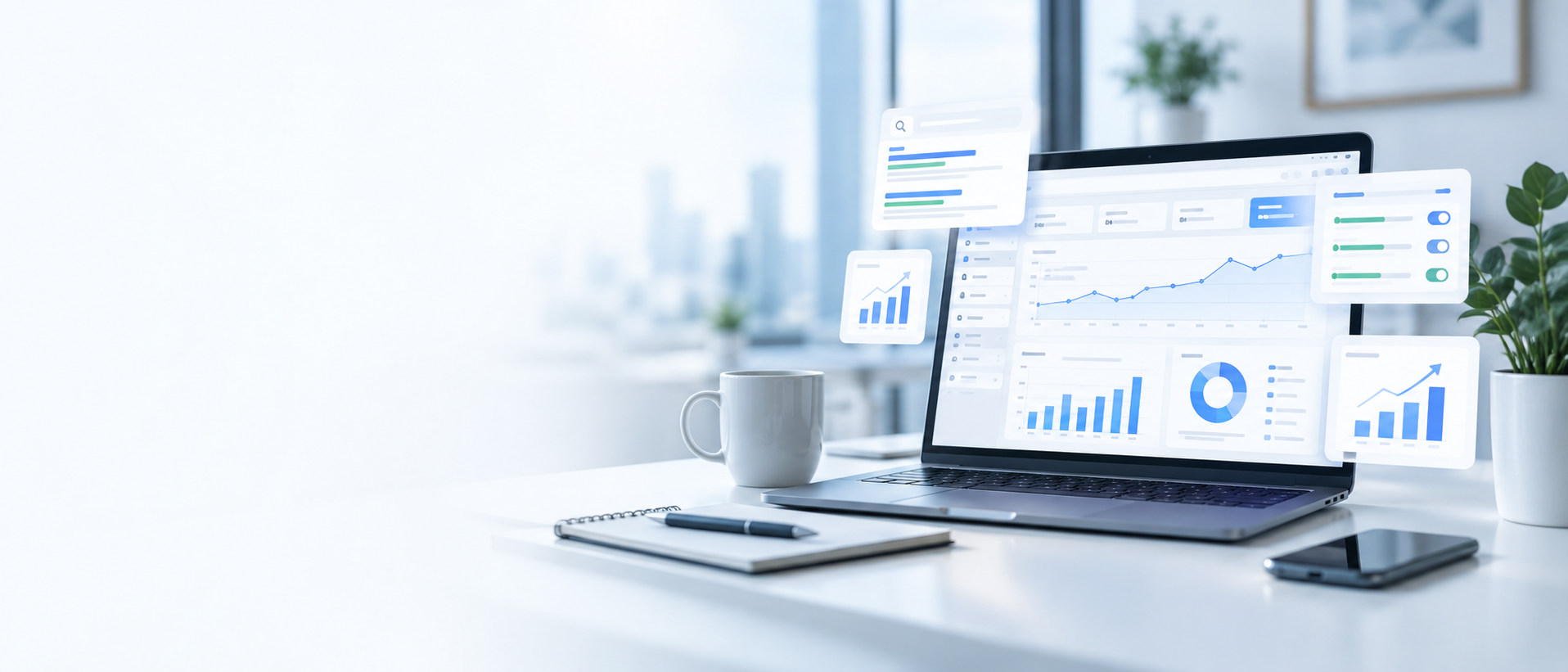 Advertising campaign workspace with a laptop displaying performance charts