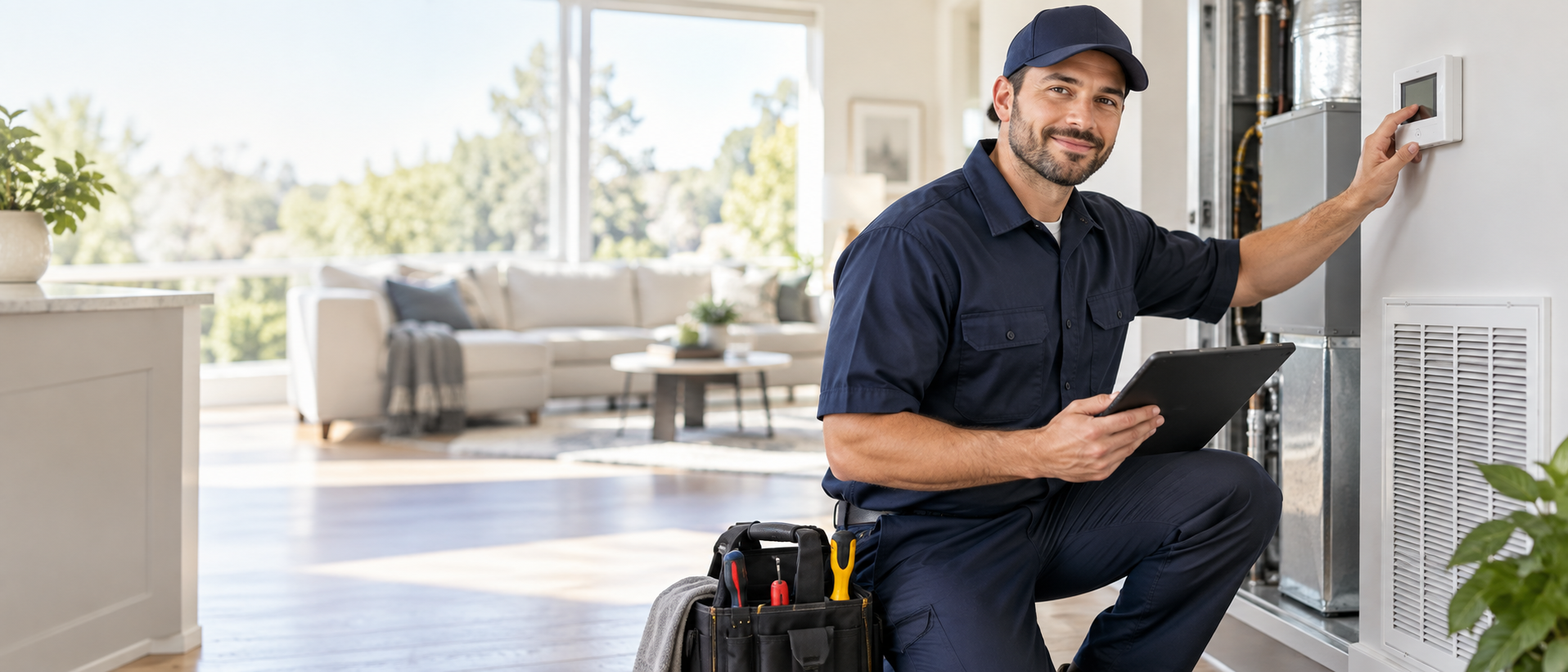 HVAC technician checking a thermostat beside heating and cooling equipment