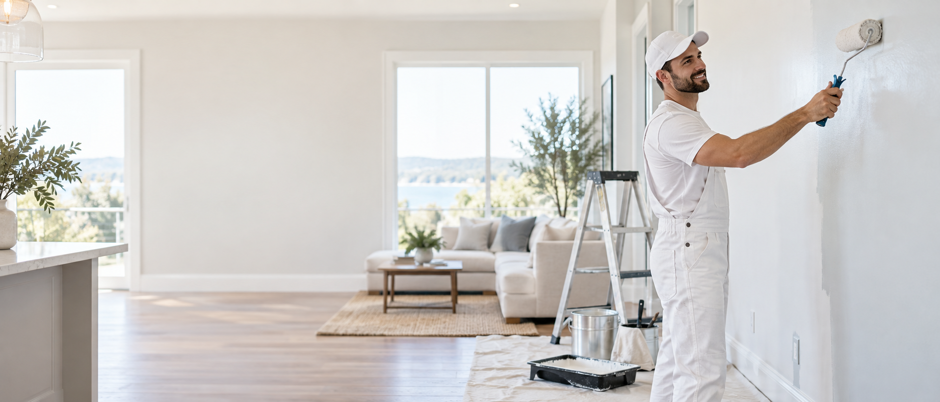 Professional painting an interior wall in a bright home