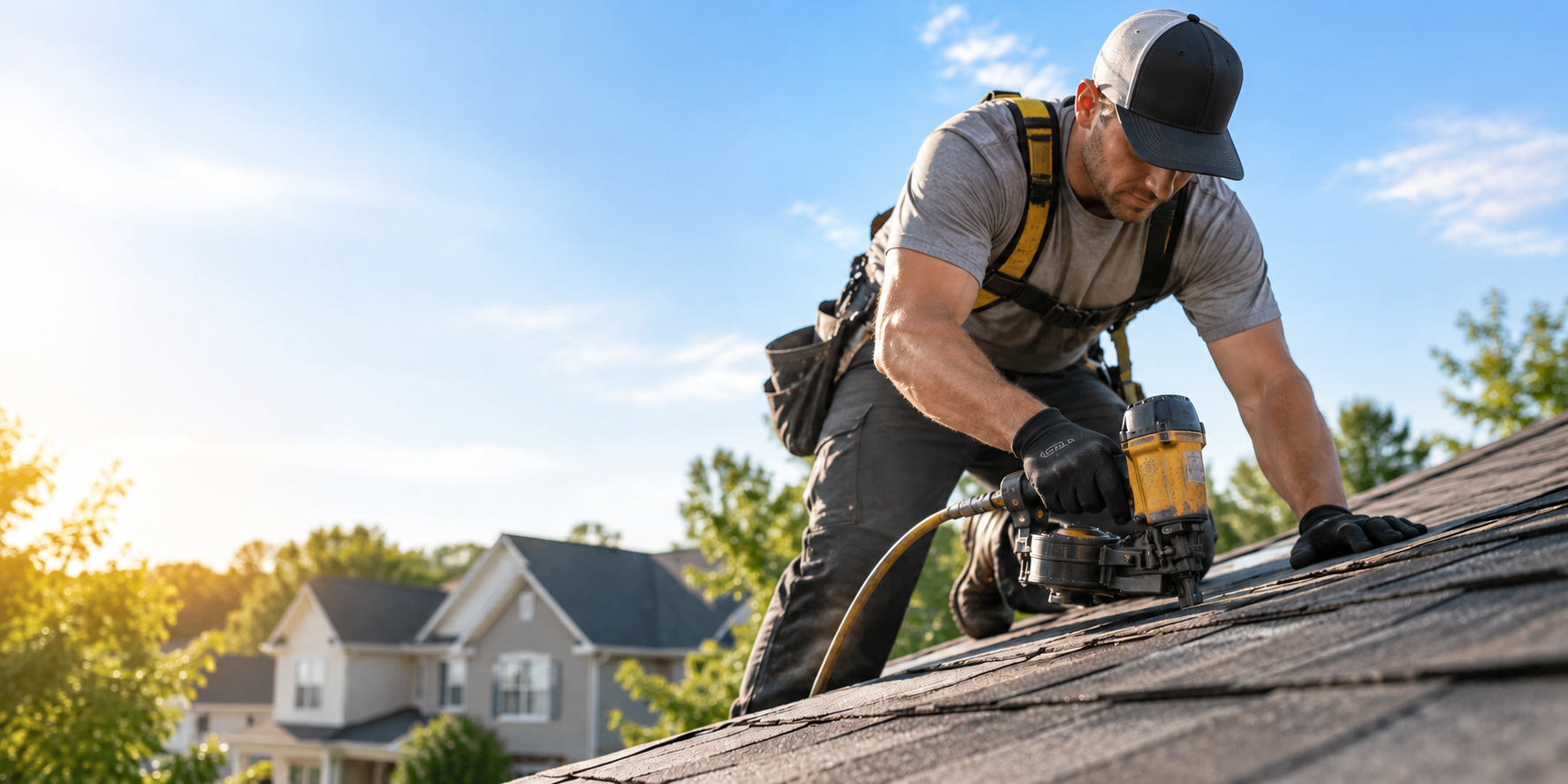Roofer securing shingles on a residential roof