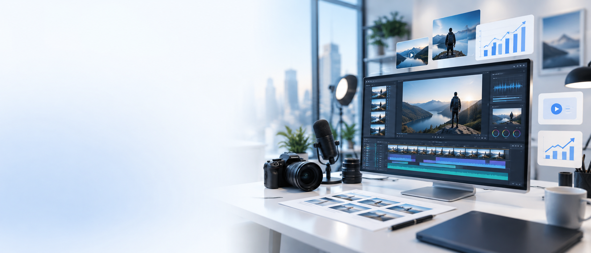 Video production workspace with editing monitor, camera, microphone, and storyboard
