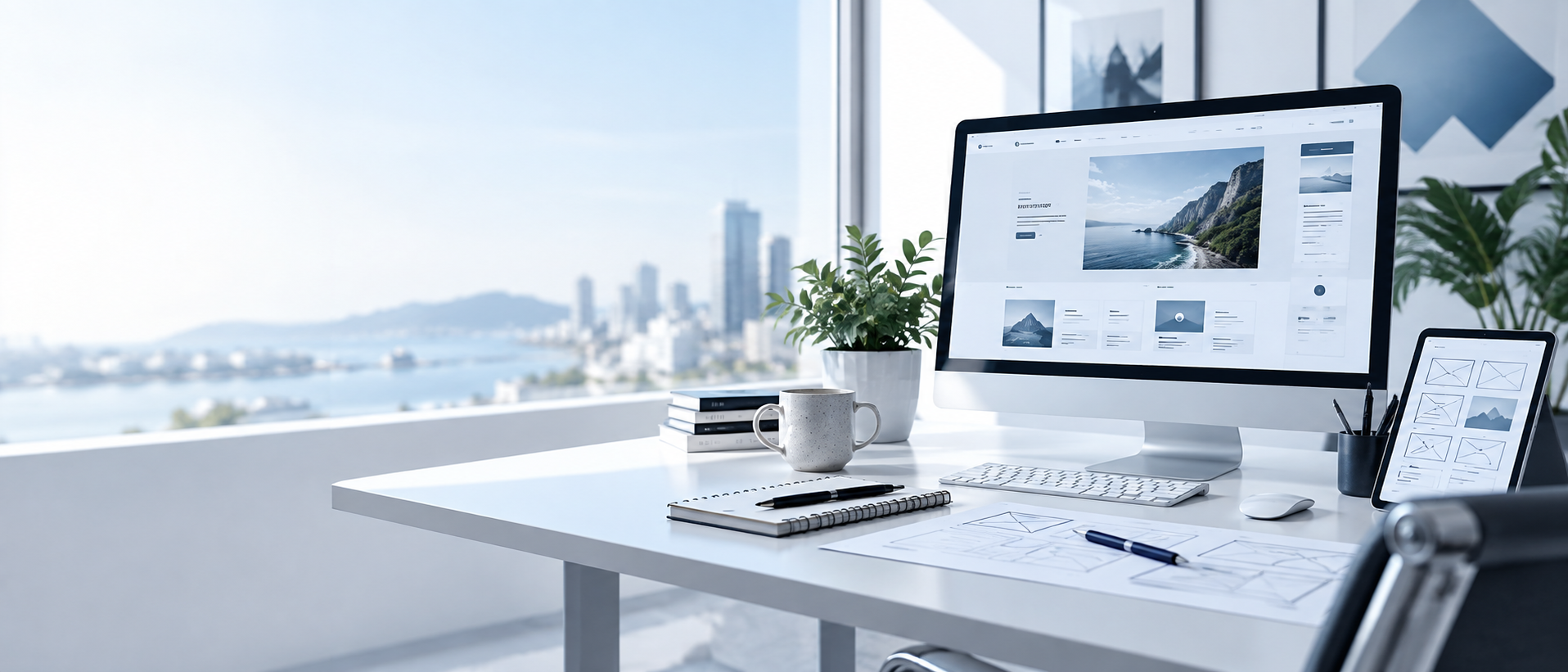 Website design workspace with a desktop website layout and tablet wireframes